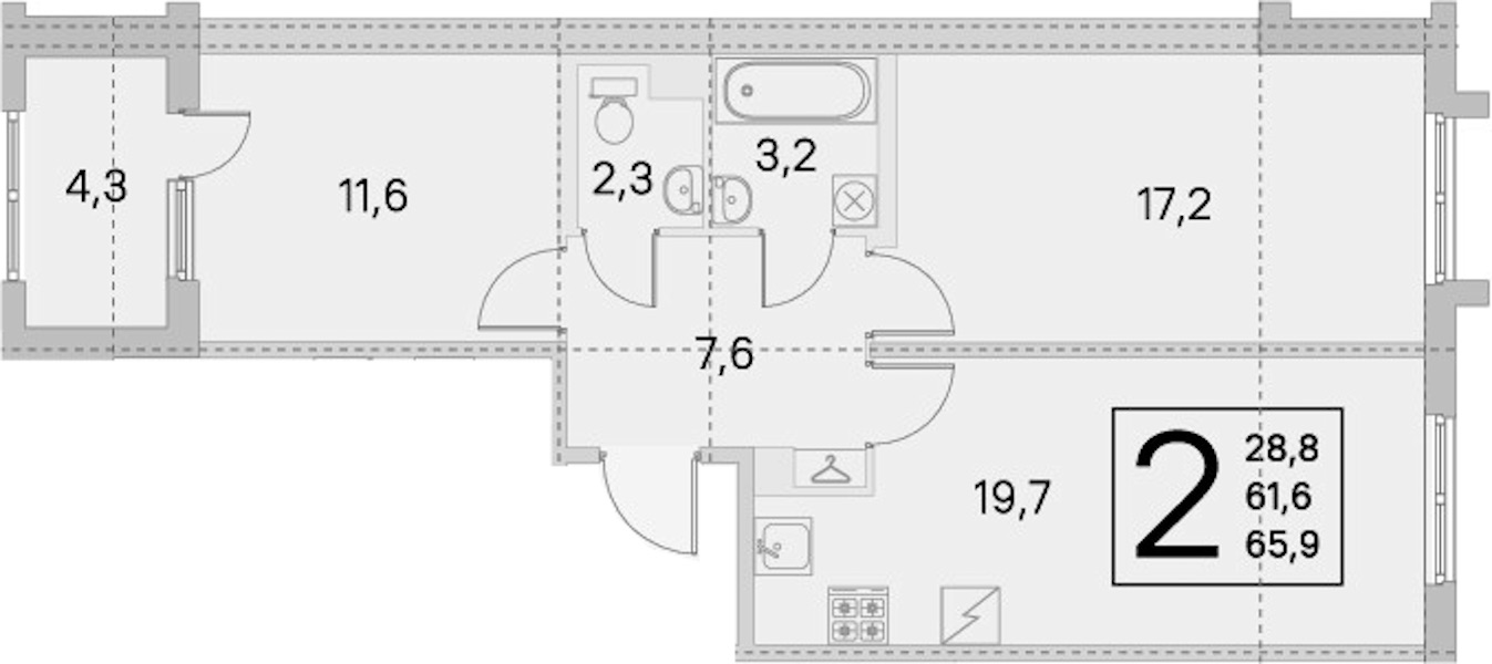 2-комнатная квартира 61.6 м², 1/5 эт., ЖК «ЮгТаун. Олимпийские кварталы»